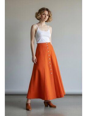 Vintage Country Suburbans Tangerine Orange Button Front Long Western Yoke Trumpe